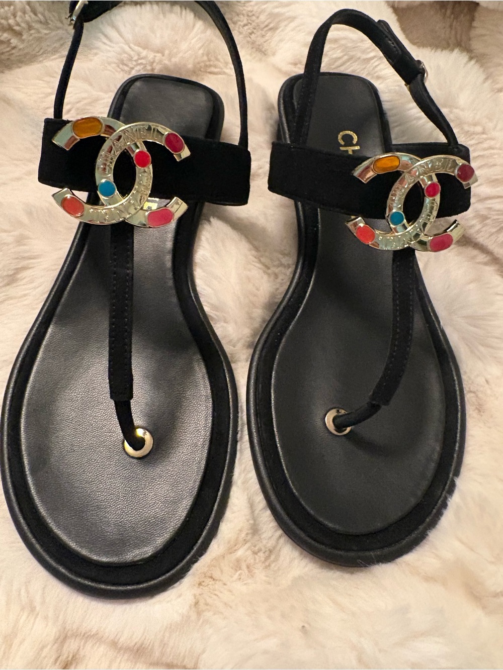 Designer style Black Women's T-Strap Sandals with Multicolor Logo Accent